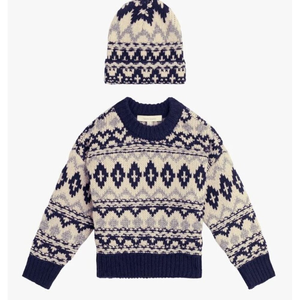 Favorite Daughter Girl's Sweater Hat Set  Fair Isle Blue Grey Small 4/5 NEW